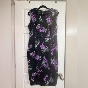 Tahari Black and Purple Floral Midi Dress